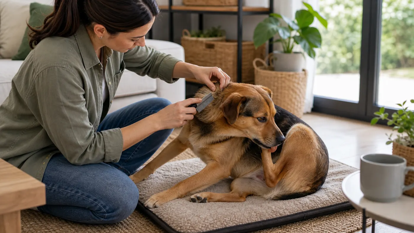 Propriétaire utilisant un peigne à puces sur un chien qui se gratte à la maison
