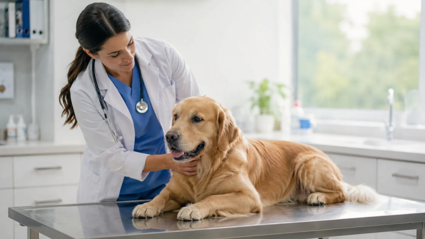 Vétérinaire examinant en urgence un chien victime d'un coup de chaleur