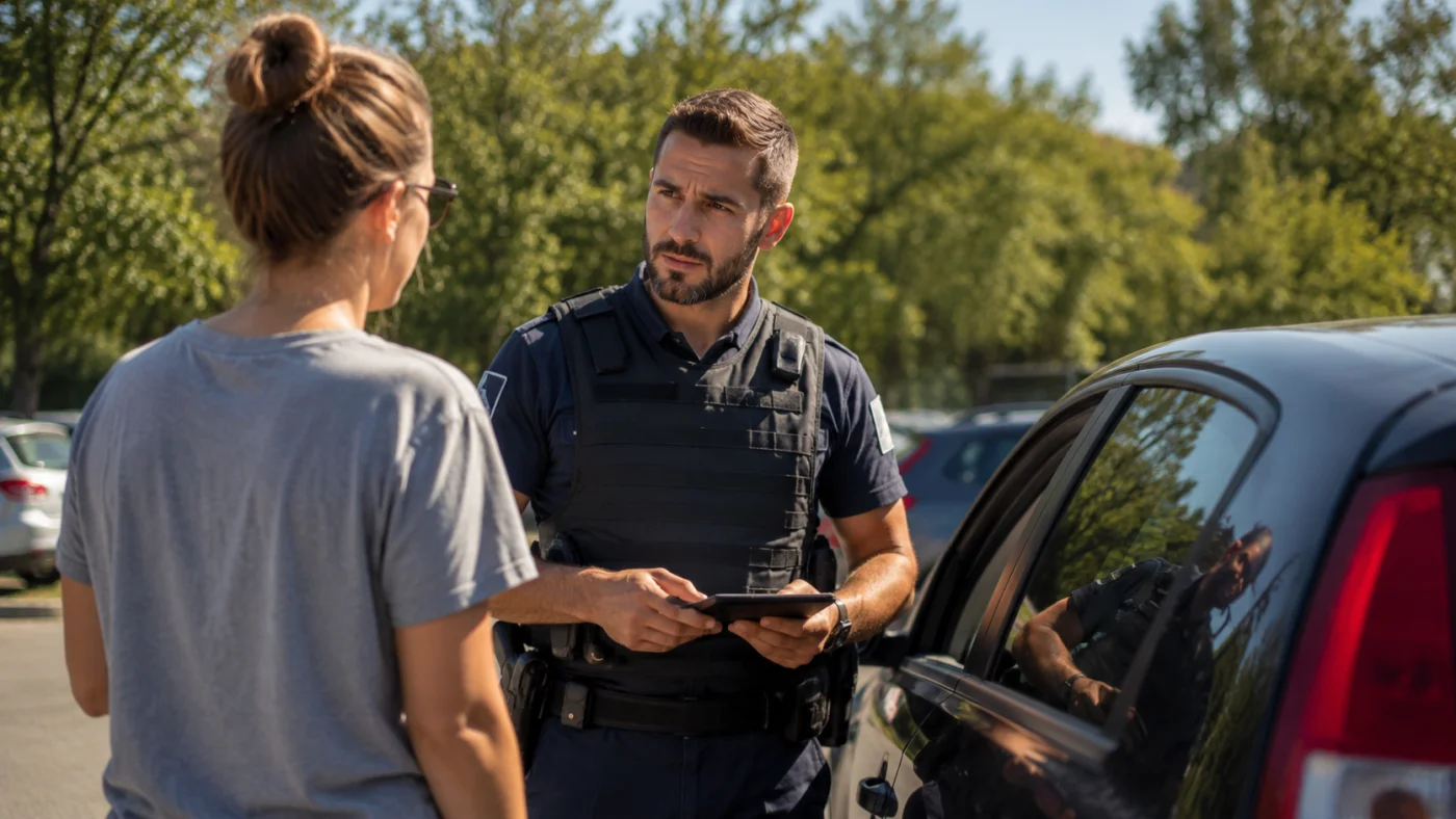 Policier ou gendarme intervenant près d'un véhicule sur un parking