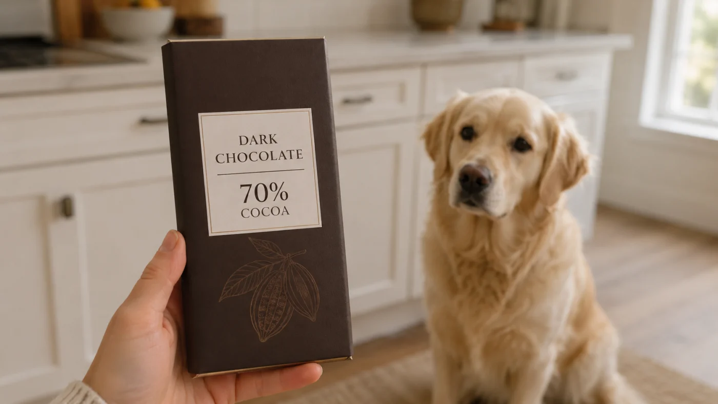Étiquette d'une tablette de chocolat noir avec le pourcentage de cacao, à côté d'un chien