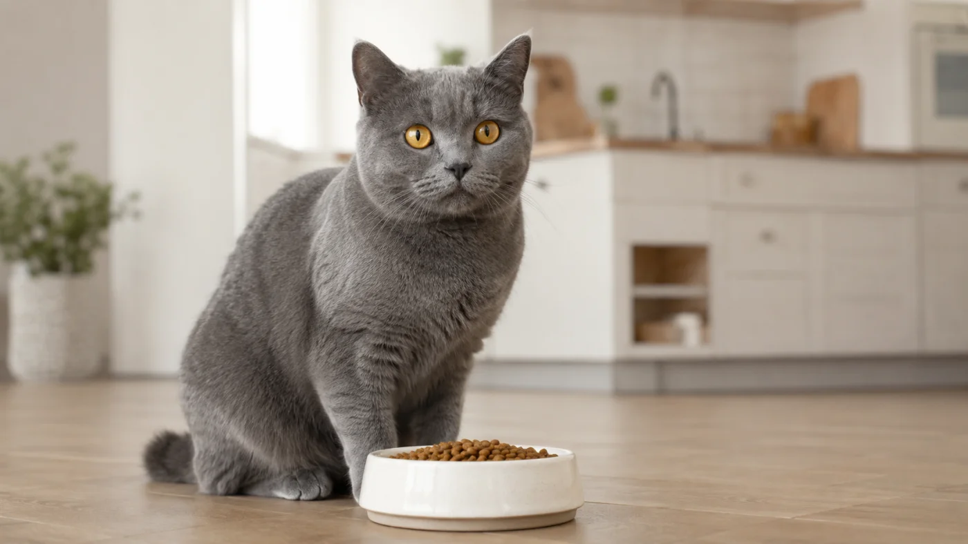 Chartreux assis devant une gamelle de croquettes dans une cuisine