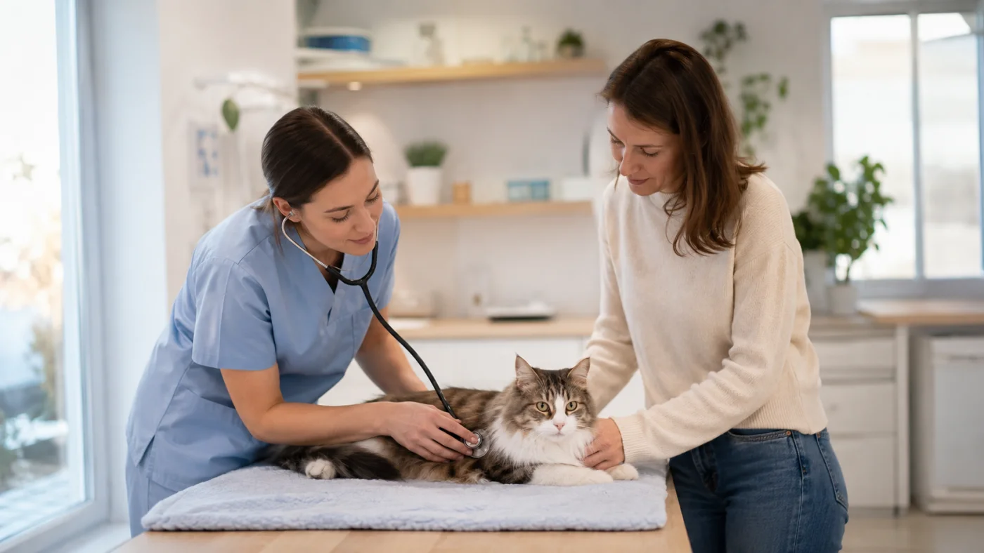 Vétérinaire examinant un chat après une possible exposition à de l'engrais
