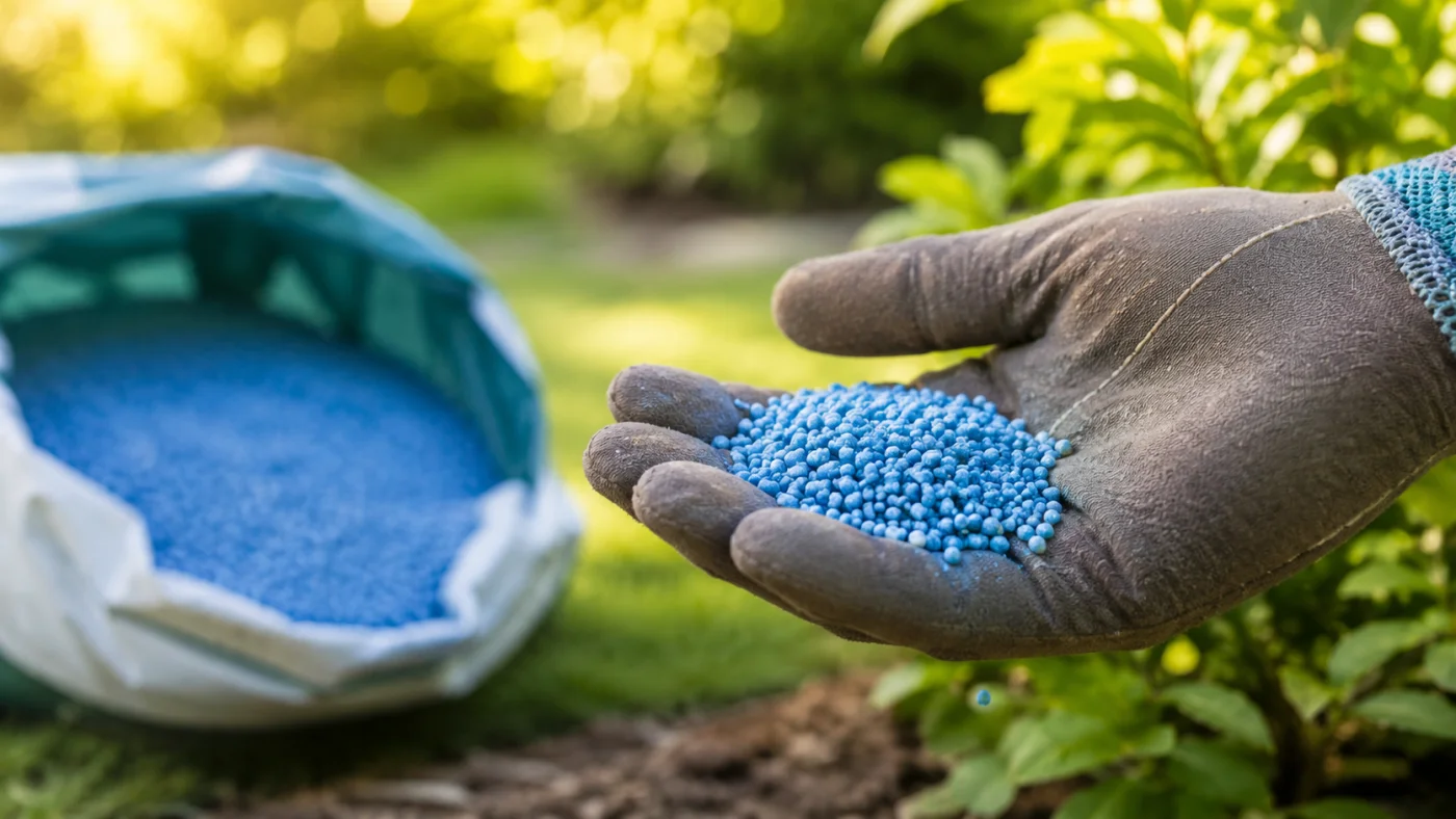 Main gantée tenant des granulés d'engrais bleu au-dessus d'un sac ouvert