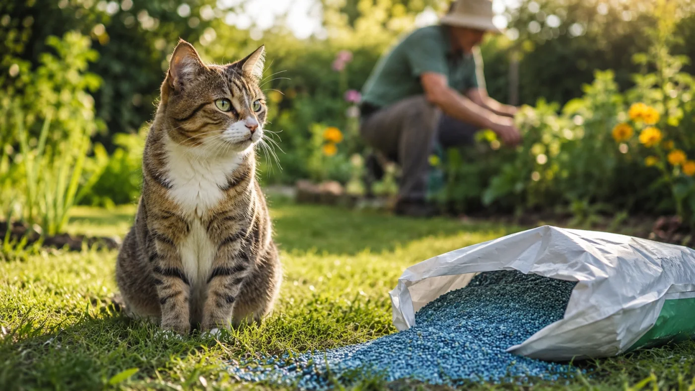 Chat assis dans l'herbe à côté d'un sac ouvert d'engrais bleu renversé au jardin
