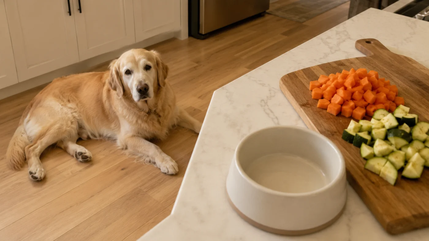 Carottes et courgettes coupées en dés sur une planche, chien allongé près d'une gamelle d'eau