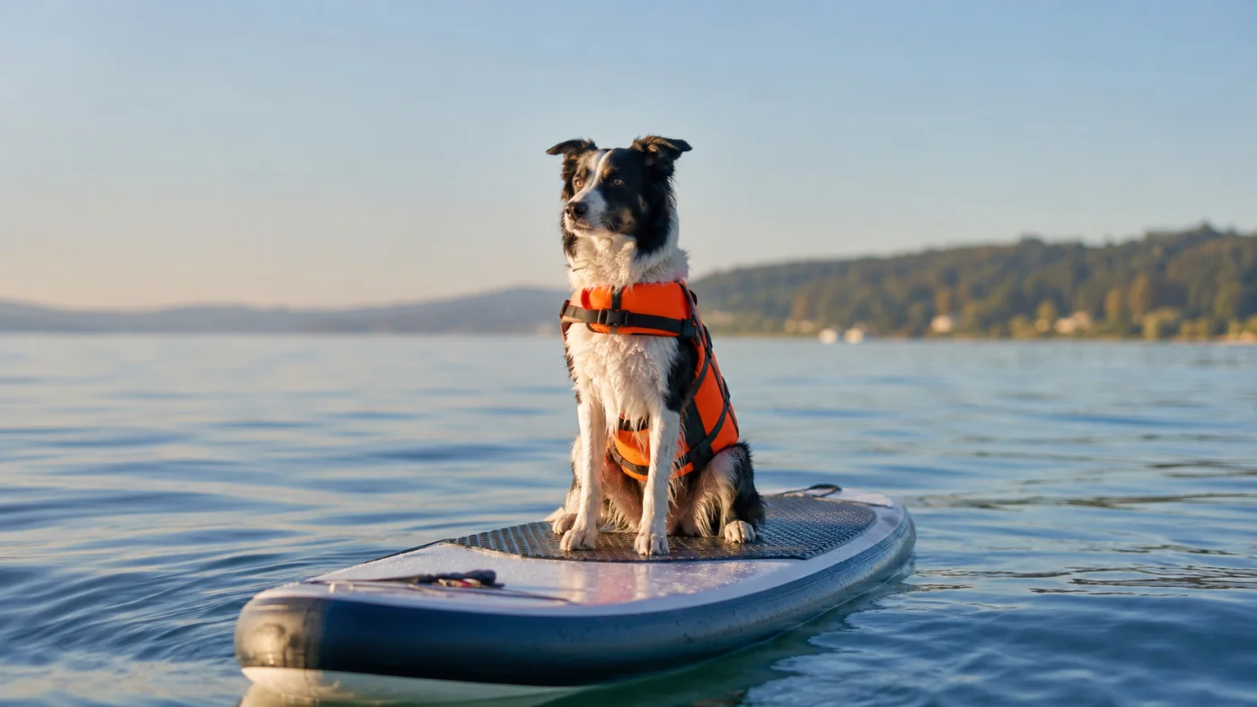 Chien équipé d'un gilet de sauvetage sur une planche de paddle