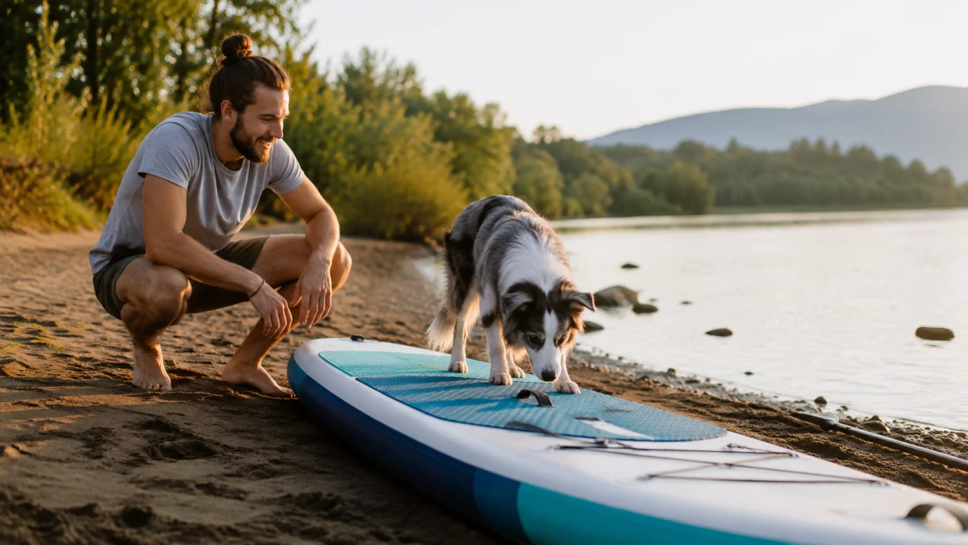 Chien qui découvre une planche de paddle posée sur le sable, en présence de son propriétaire