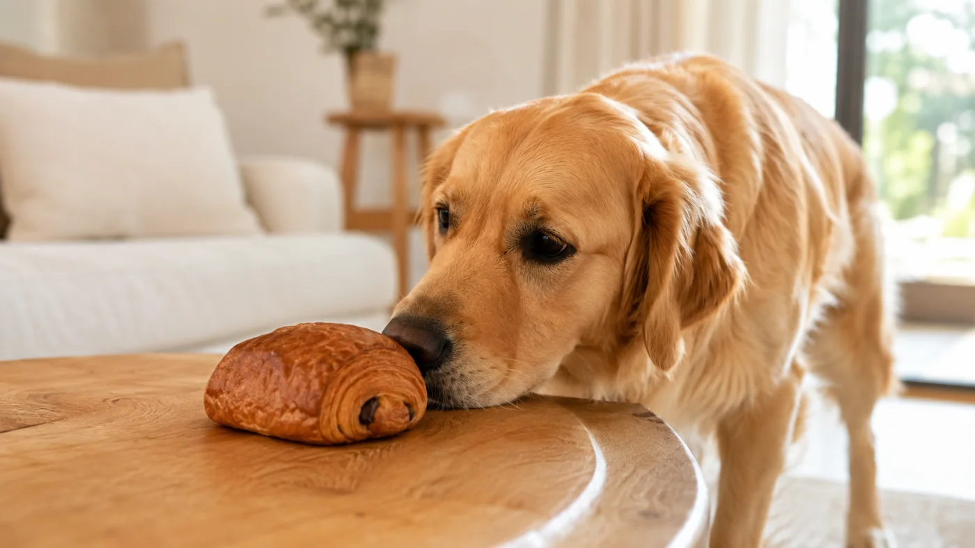Chien à côté d'un pain au chocolat resté sur une table basse