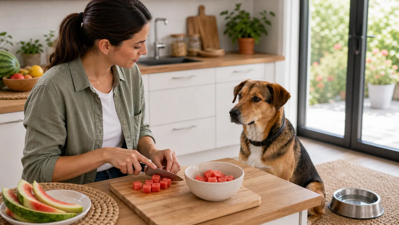 Préparation de cubes de pastèque sans pépins ni peau pour un chien