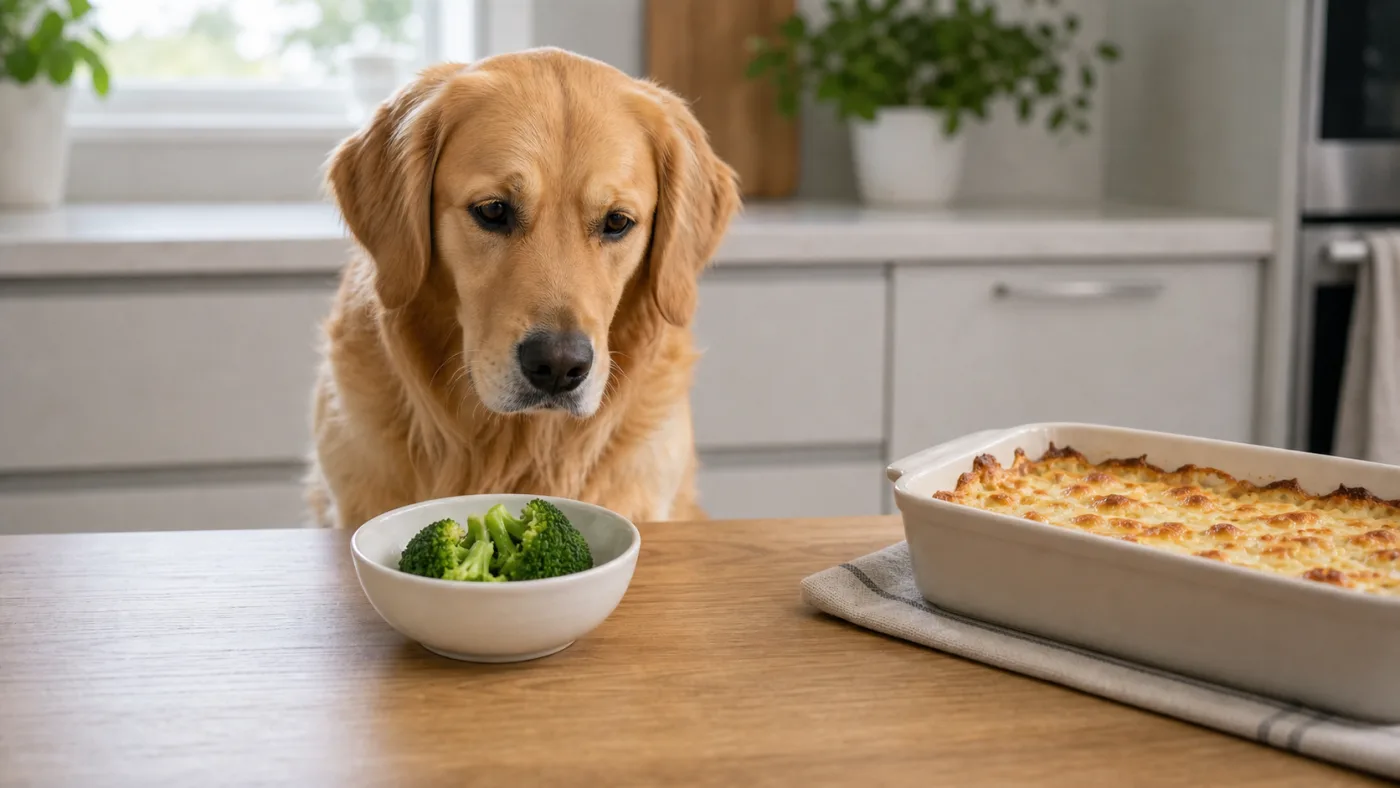 Brocoli nature séparé d'un plat en sauce non adapté au chien