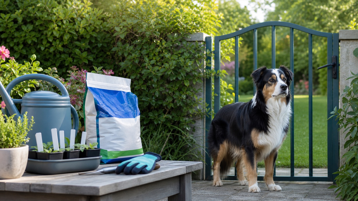Chien dans un jardin avec plantes et engrais rangés hors de portée