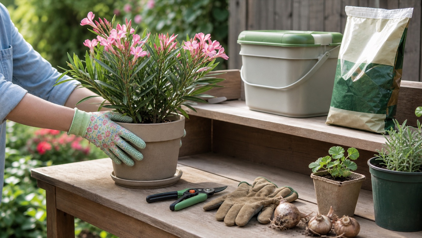 Laurier-rose en pot déplacé avec des gants de jardinage