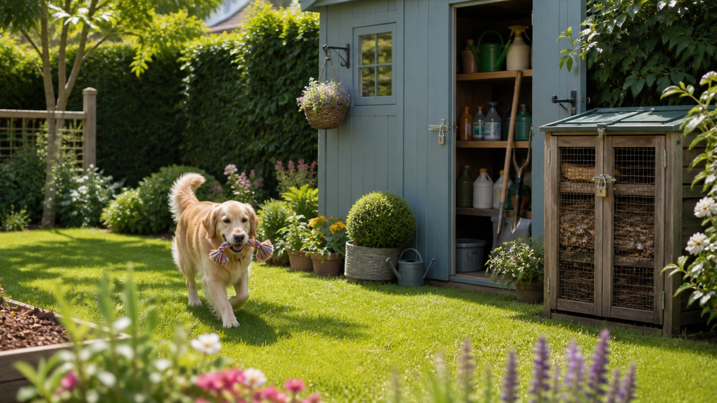 Chien jouant sur une pelouse avec cabanon de jardin fermé