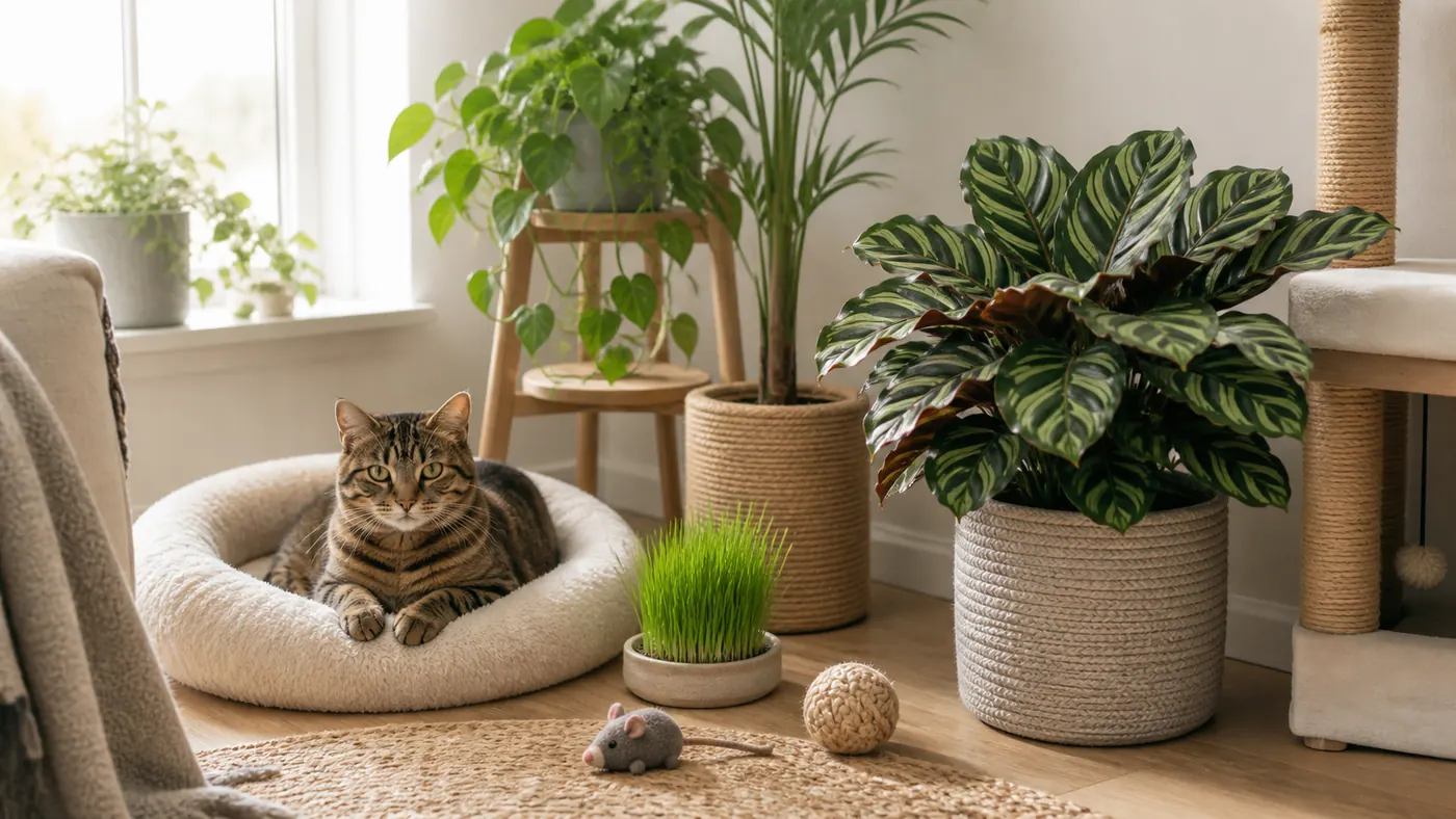 Chat près de plantes d'intérieur non toxiques
