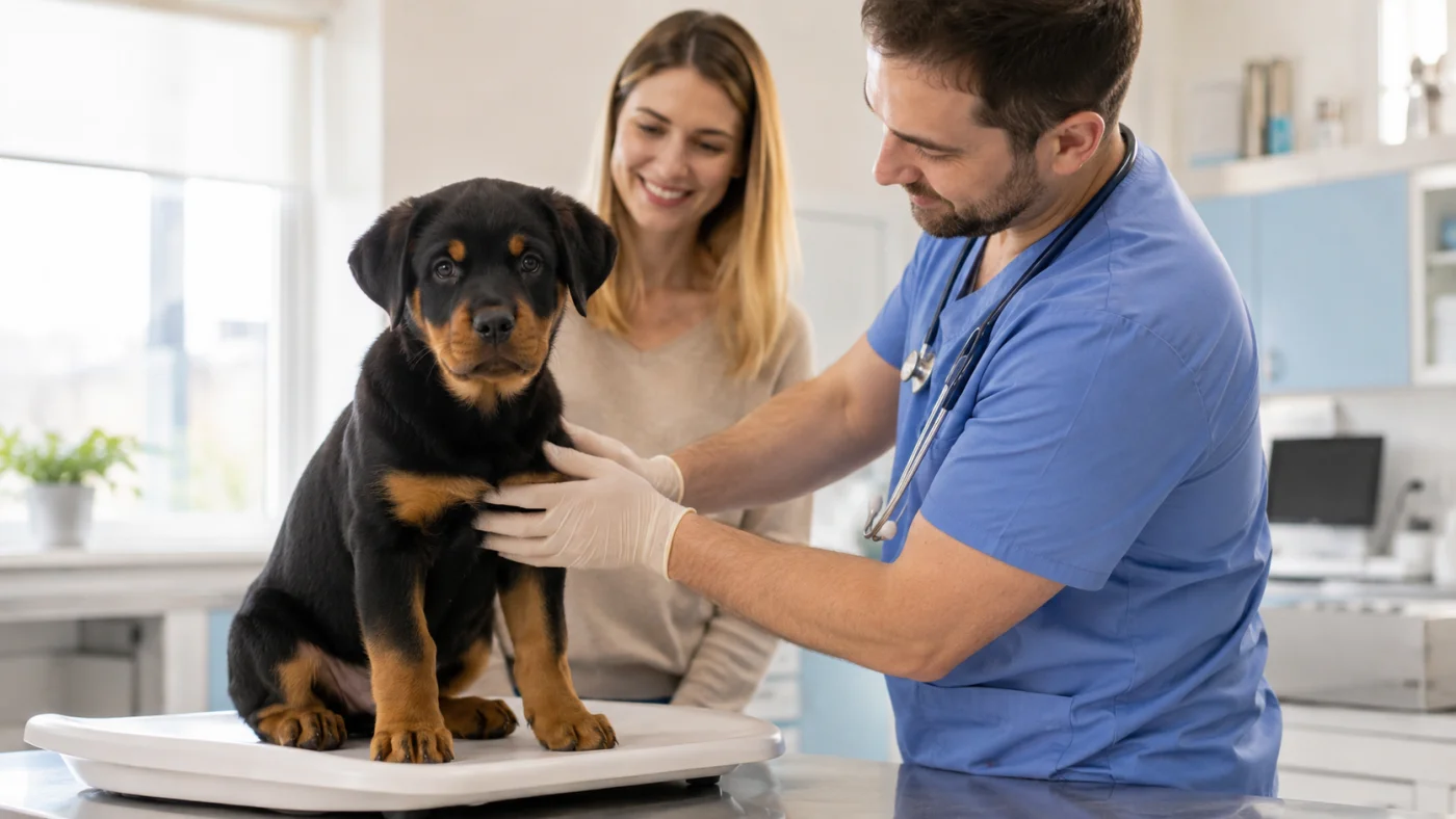 Chiot Rottweiler pesé sur une balance à 4 mois pour suivre sa courbe de croissance