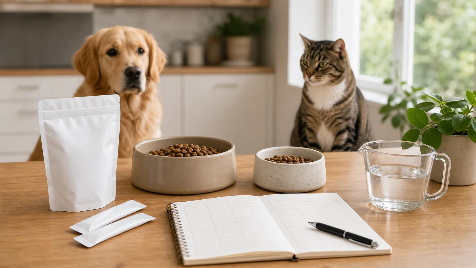 Sachets de probiotiques, repas mesurés et carnet de suivi digestif pour chien et chat
