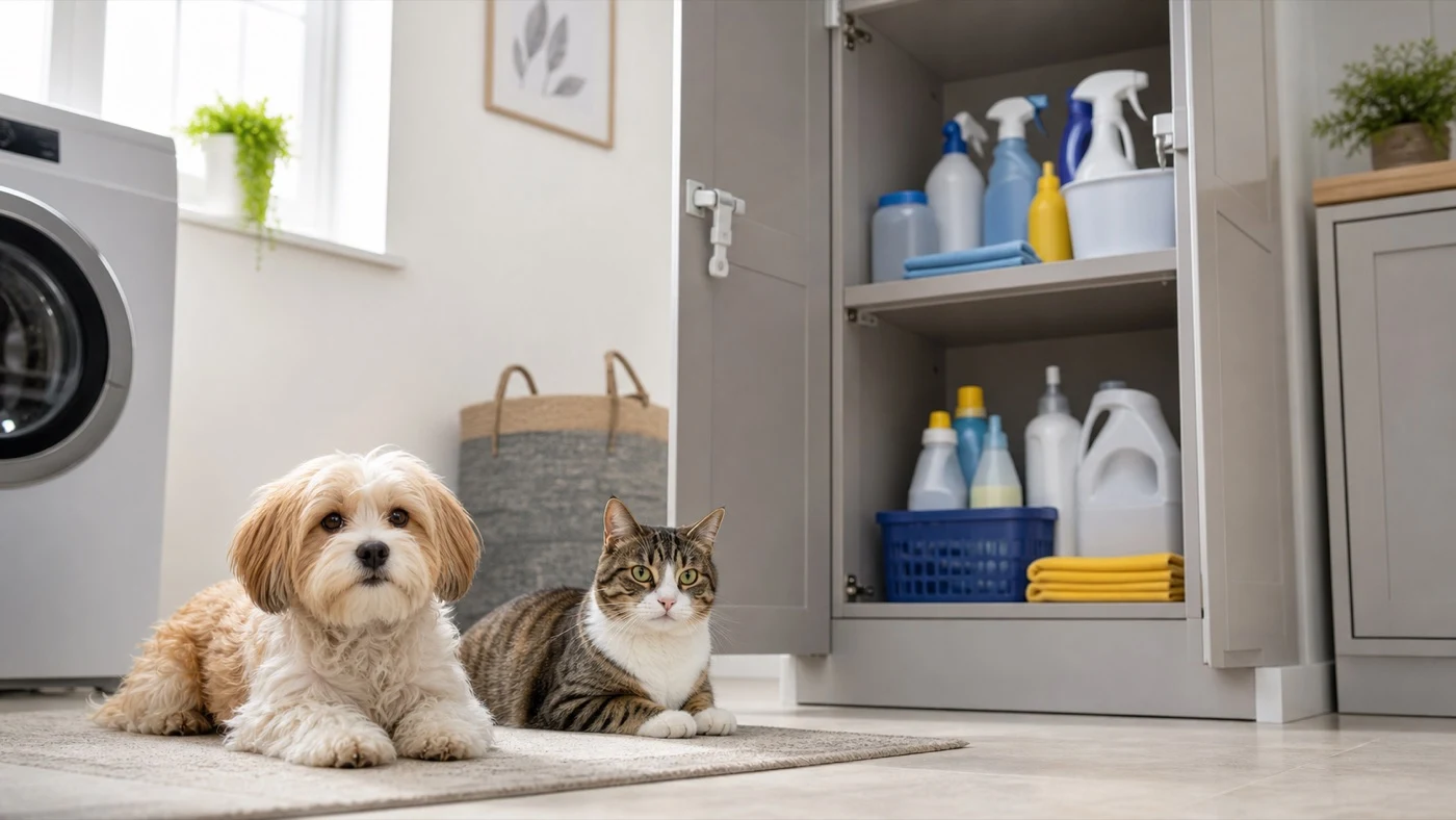 Chien et chat tenus à distance d'un placard de produits ménagers fermé