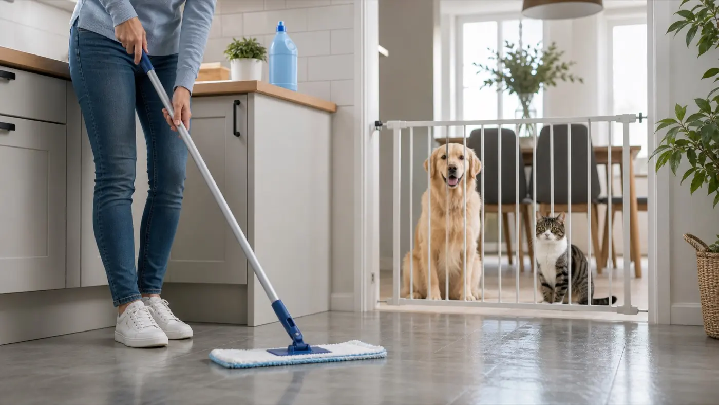 Chien et chat séparés de la zone pendant le nettoyage du sol