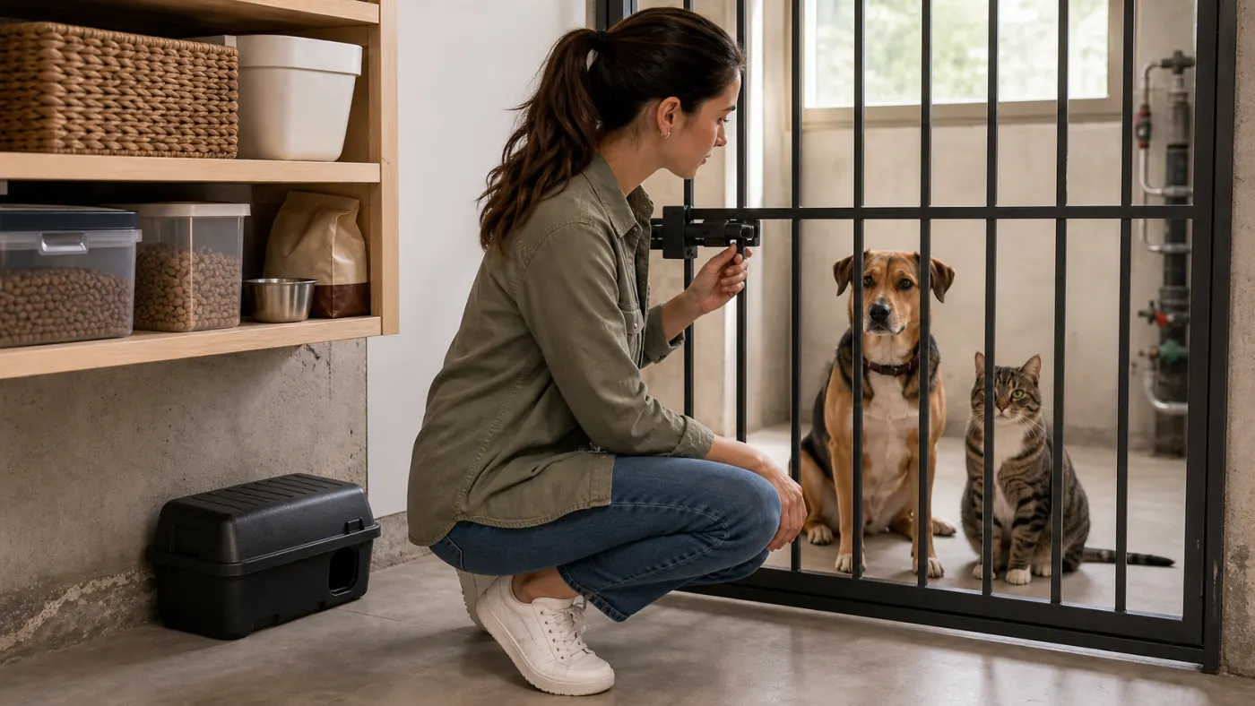 Station d'appât sécurisée derrière une barrière fermée pour protéger chien et chat