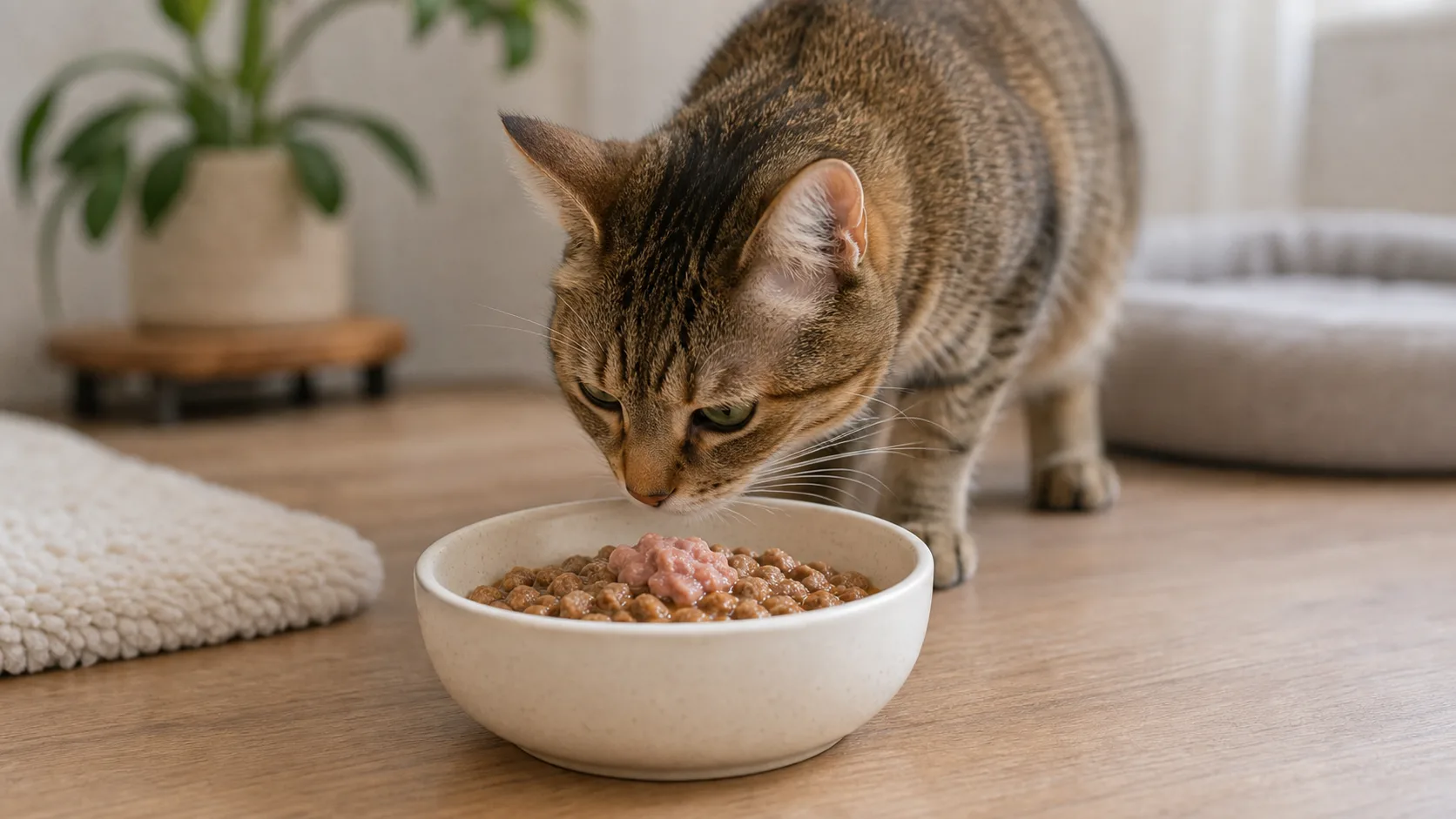 Chat qui renifle prudemment une petite portion de nouvelle pâtée mélangée à son aliment habituel
