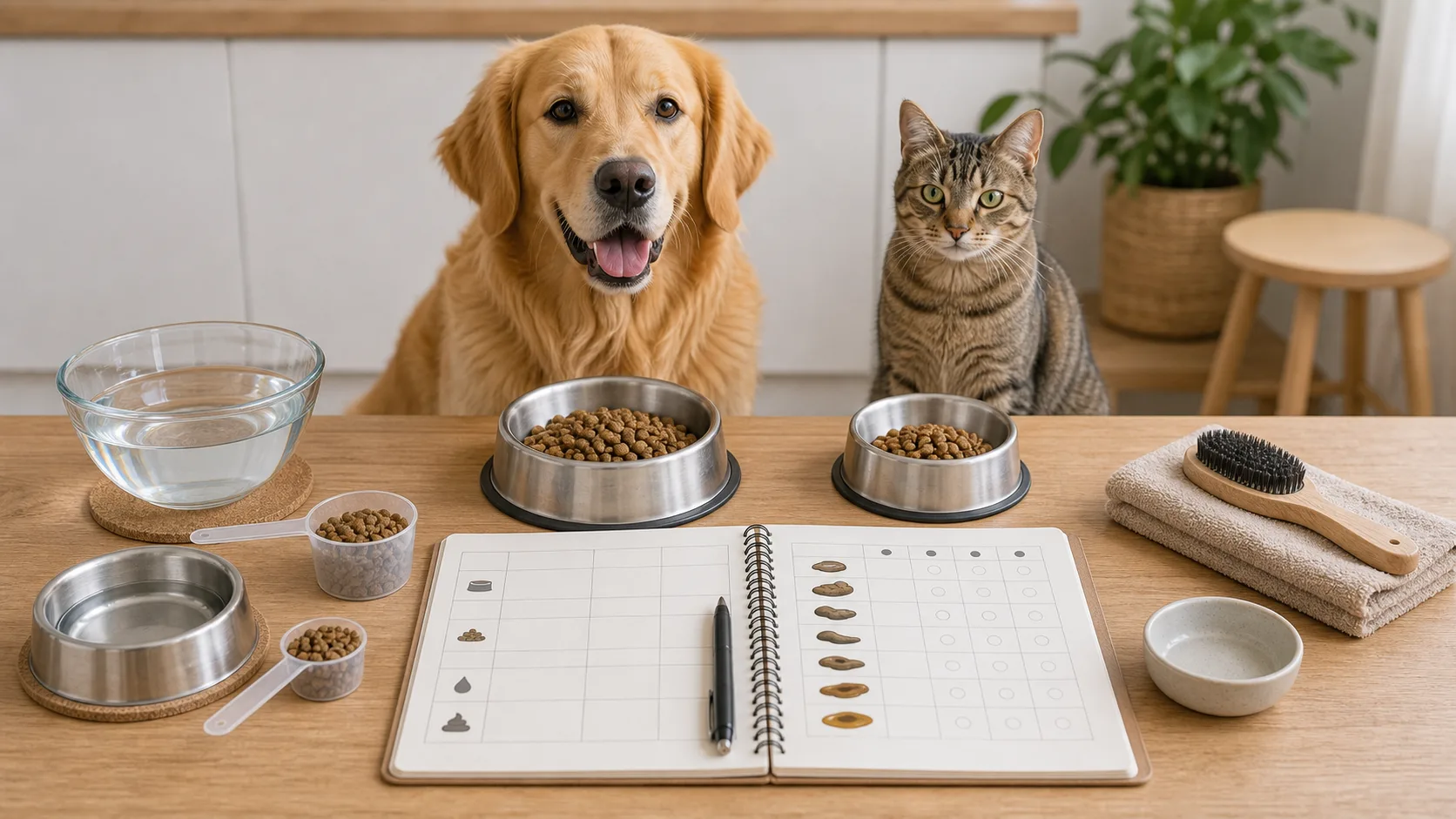 Carnet de suivi digestif avec repas mesurés, eau et tableau de selles pour chien et chat
