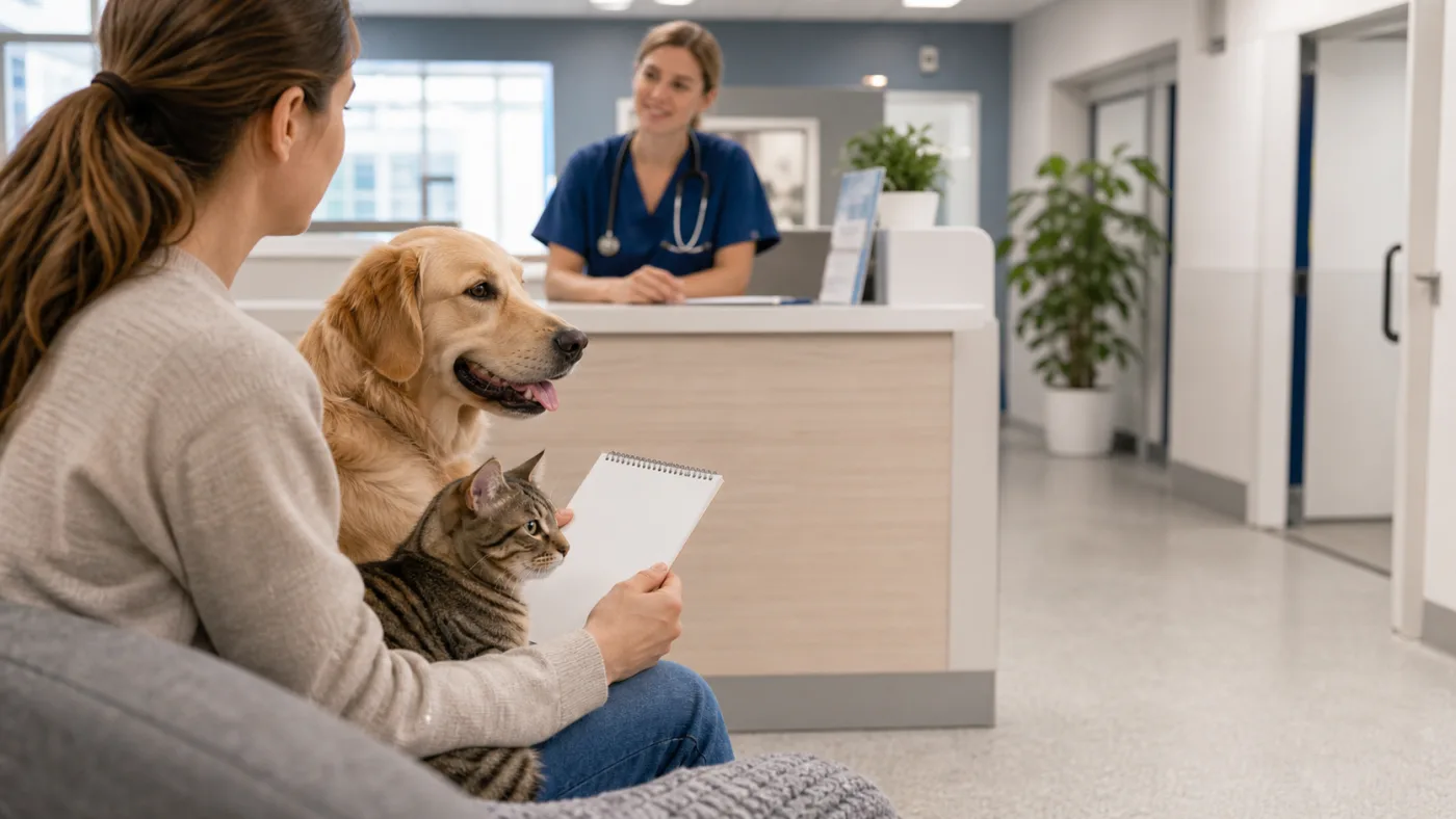 Chien et chat accompagnés dans une clinique vétérinaire après une exposition suspecte