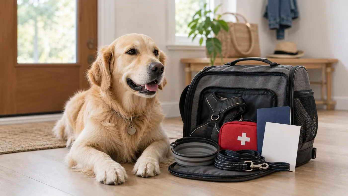 Chien calme près d'une trousse de voyage et de documents vétérinaires vierges