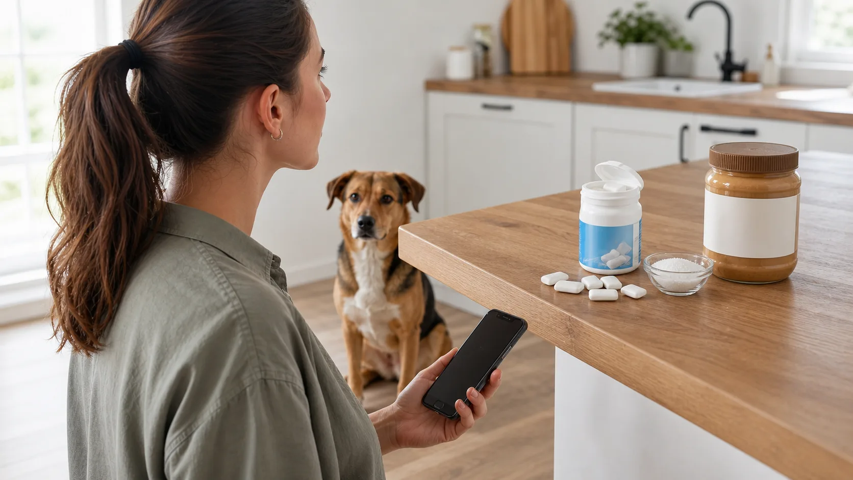 Produits sans sucre contenant potentiellement du xylitol rangés loin d'un chien