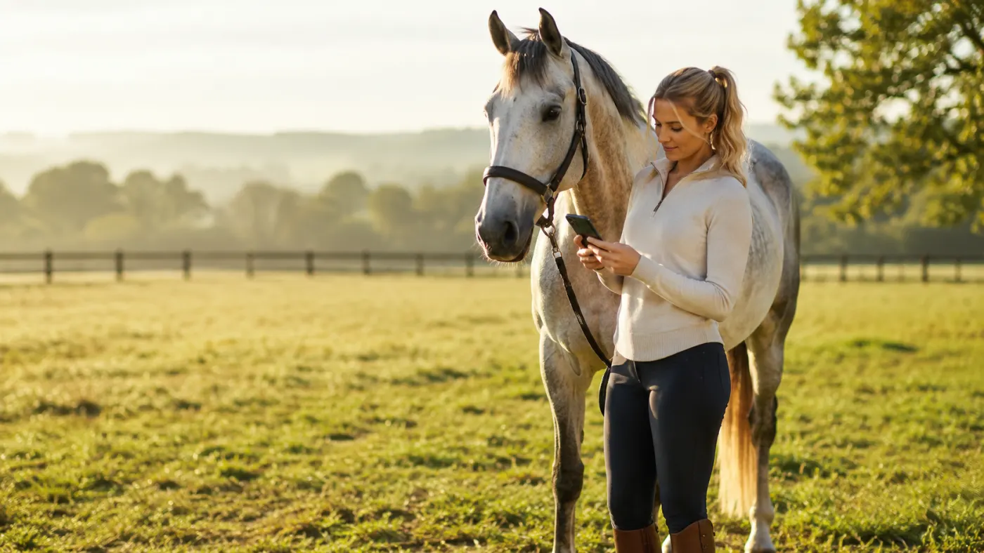 Cavalière au pré utilisant son téléphone à côté de son cheval, avec l'application Equio