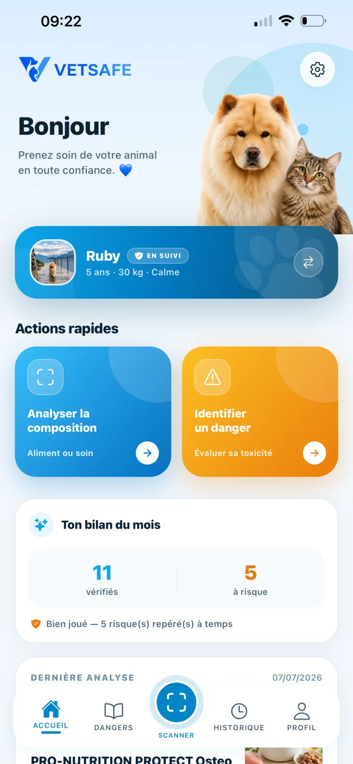 Écran d'accueil de l'application VetSafe avec profil animal et actions rapides
