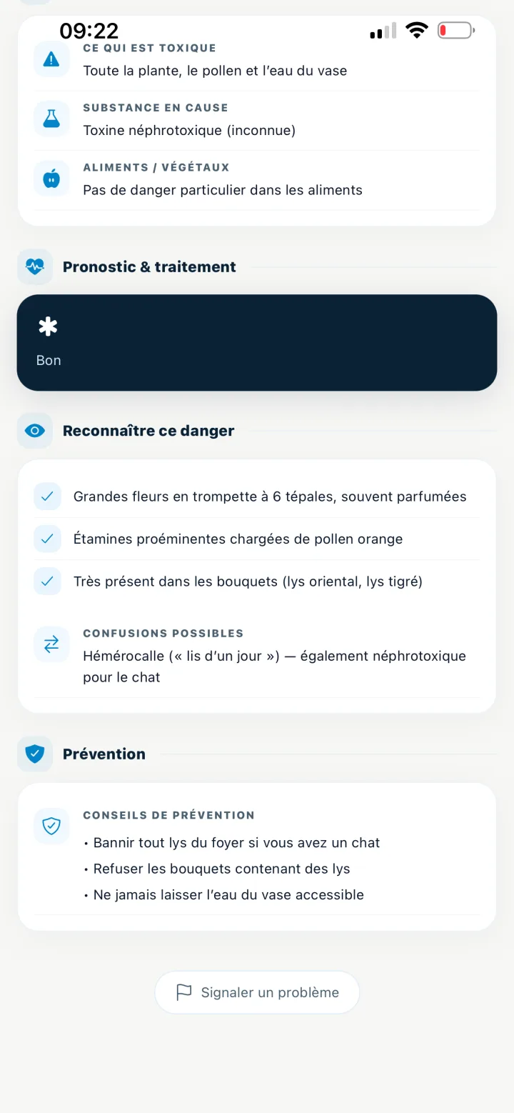 Fiche danger VetSafe avec sévérité adaptée à l'espèce sélectionnée