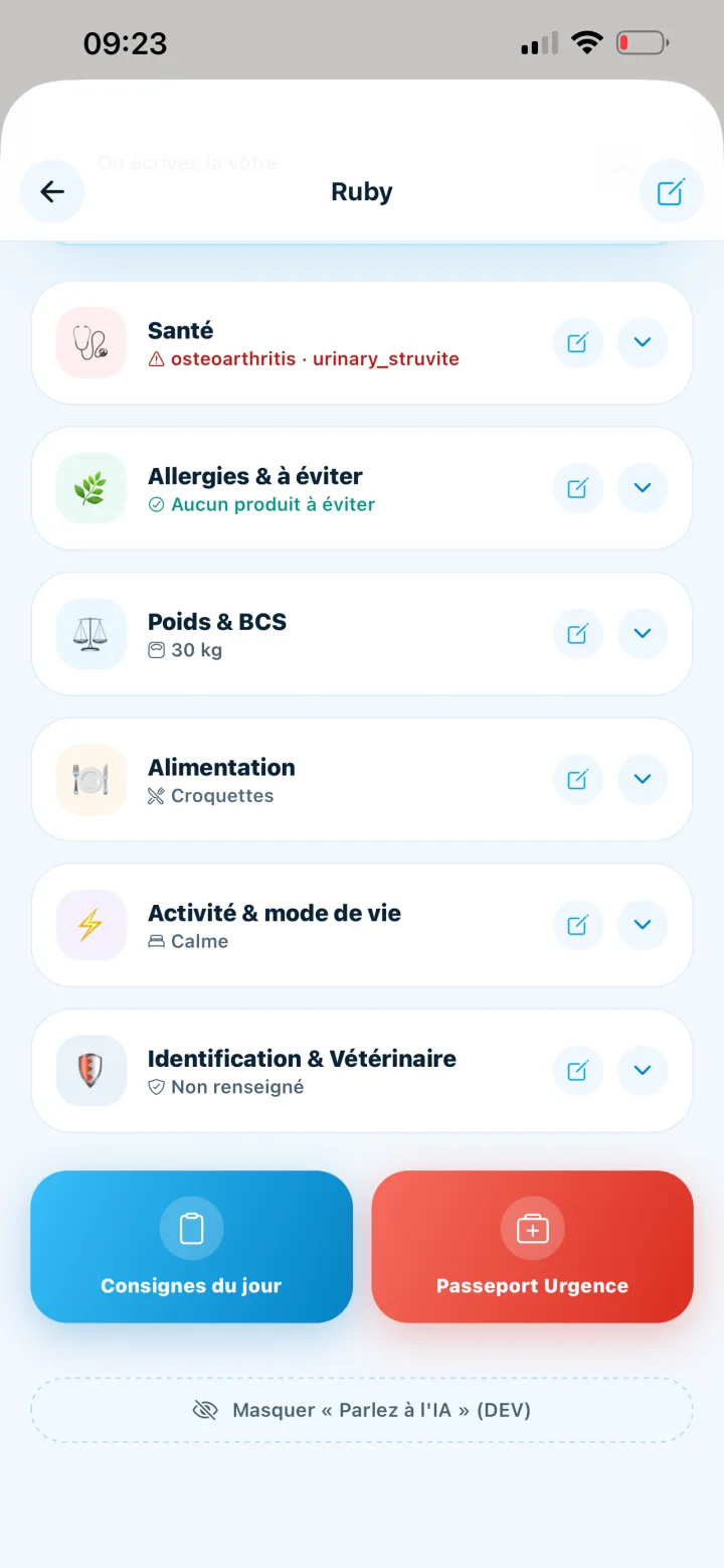 Assistant VetSafe disponible depuis le profil animal